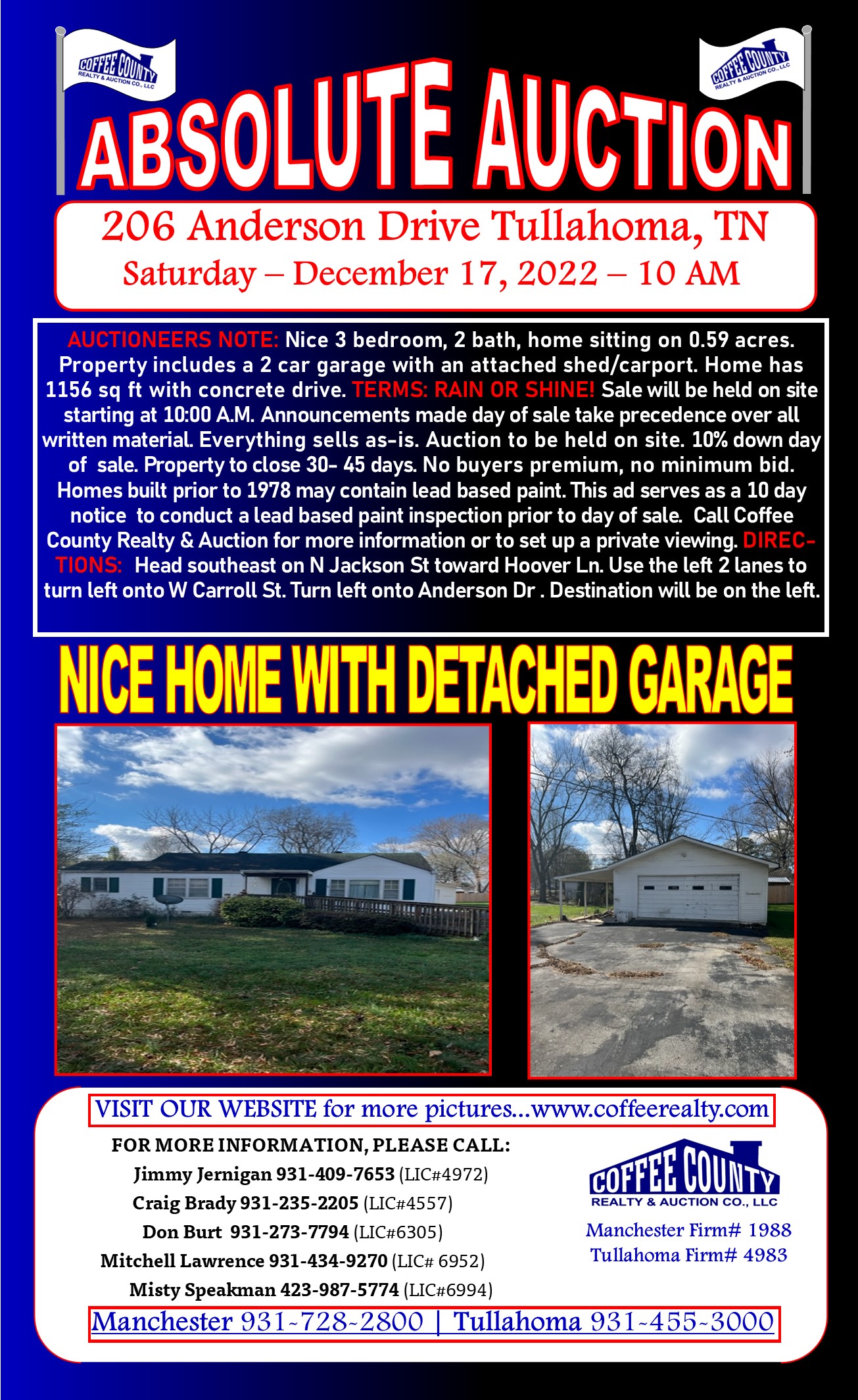 SOLD!! SAT Dec 17th 10 AM Absolute Auction 206 Anderson Drive